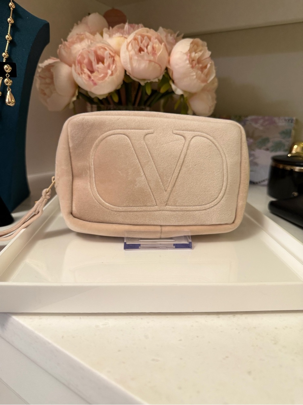 Valentino Garavani blush Pink velvet Logo Cosmetic stud Pouch